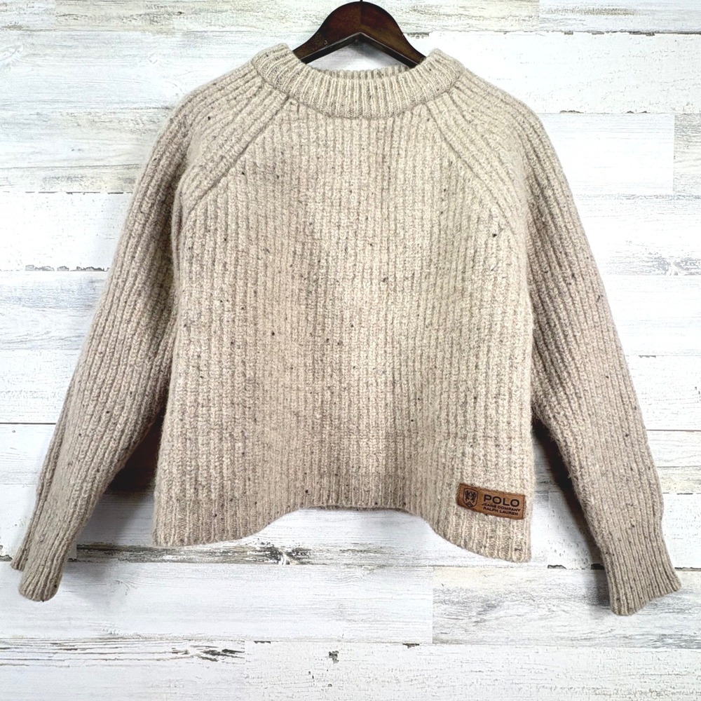 Polo Jeans Company Ralph Lauren Wool HEAVY Sweater Speckled Tan Crew Neck Size M